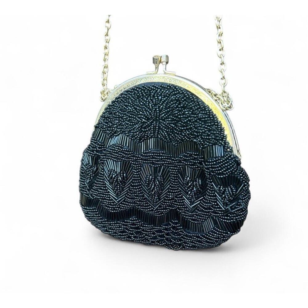 Vintage Black Beaded Clutch Purse With Gold Chain And Gold Etched Detailing